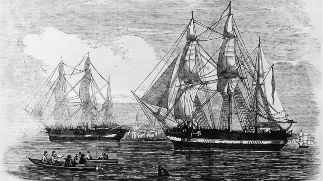 Illustration of HMS Erebus and HMS Terror in Arctic ice